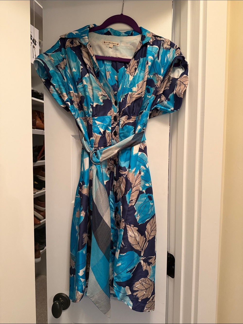 Nanette Lepore Blue Floral Tie-Waist Shirt Dress